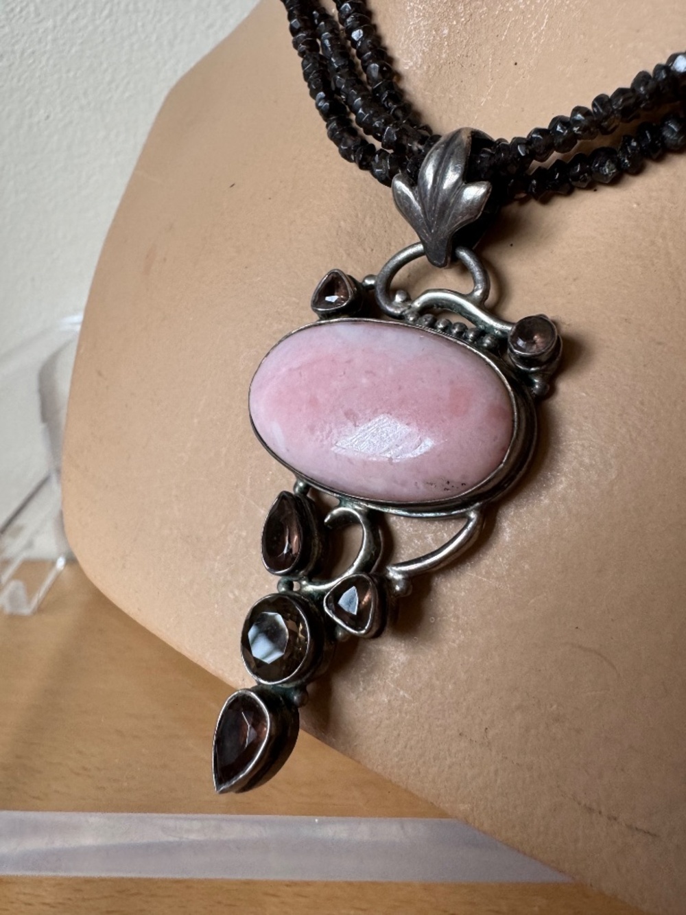 Sterling Silver 925 Pink Cabochon and Smoky Quartz Statement Necklace